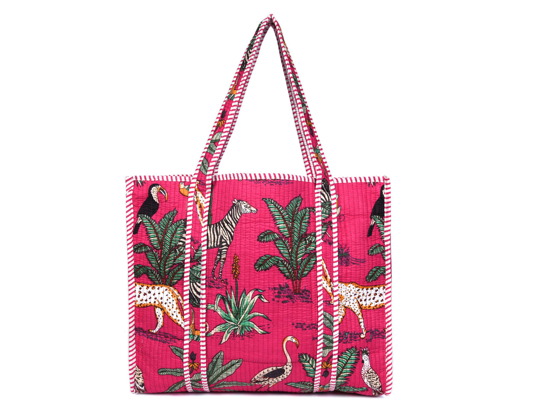 Quilted Safari  Cotton Cloth Tote Bag - Bright Pink