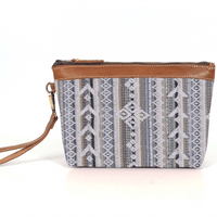 Carolina Jacquard & Leather Wristlet Clutch / Cosmetic Bag - Tan