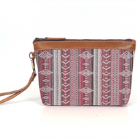 Carolina Jacquard & Leather Wristlet Clutch / Cosmetic Bag - Tan