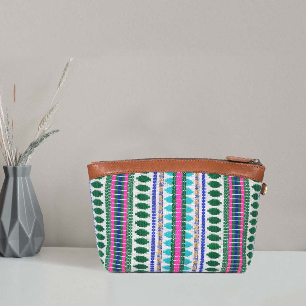 Carolina Jacquard & Leather Wristlet Clutch / Cosmetic Bag - Tan