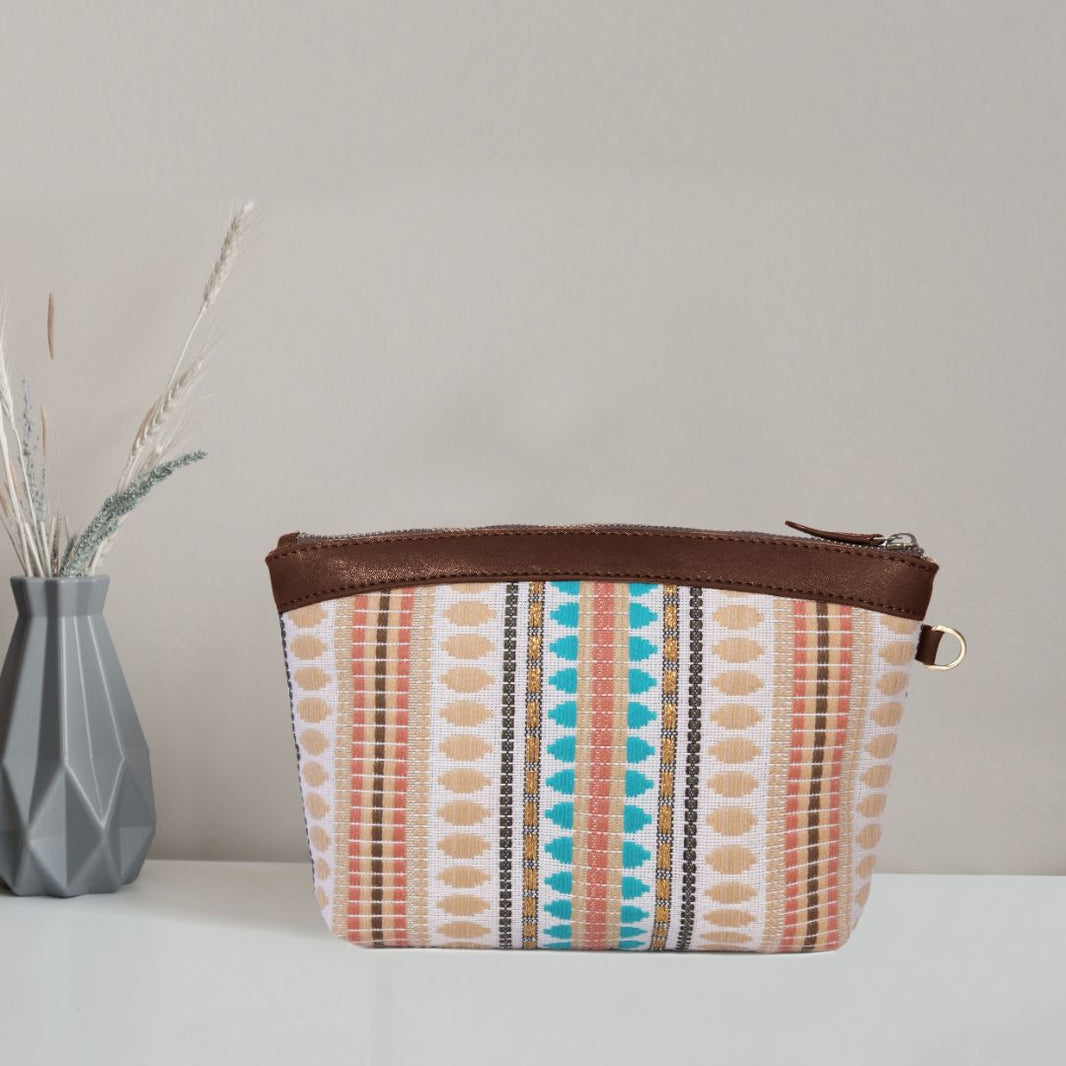 Carolina Jacquard & Leather Wristlet Clutch / Cosmetic Bag - Brown