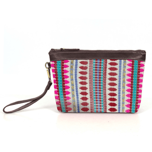 Carolina Jacquard & Leather Wristlet Clutch / Cosmetic Bag - Brown