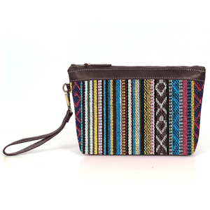 Carolina Jacquard & Leather Wristlet Clutch / Cosmetic Bag - Brown