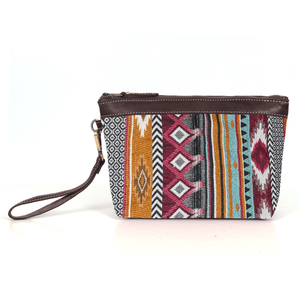 Carolina Jacquard & Leather Wristlet Clutch / Cosmetic Bag - Brown