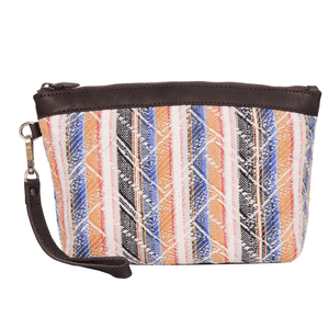 Carolina Jacquard & Leather Wristlet Clutch / Cosmetic Bag - Brown