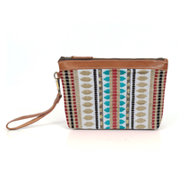 Carolina Jacquard & Leather Wristlet Clutch / Cosmetic Bag - Tan