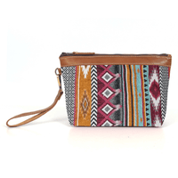 Carolina Jacquard & Leather Wristlet Clutch / Cosmetic Bag - Tan