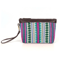 Carolina Jacquard & Leather Wristlet Clutch / Cosmetic Bag - Brown