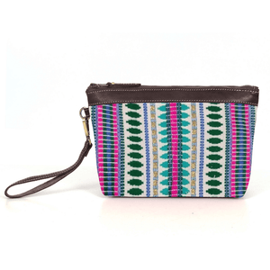 Carolina Jacquard & Leather Wristlet Clutch / Cosmetic Bag - Brown