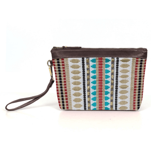 Carolina Jacquard & Leather Wristlet Clutch / Cosmetic Bag - Brown