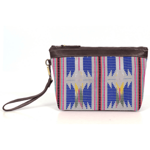 Carolina Jacquard & Leather Wristlet Clutch / Cosmetic Bag - Brown