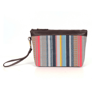 Carolina Jacquard & Leather Wristlet Clutch / Cosmetic Bag - Brown