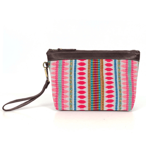 Carolina Jacquard & Leather Wristlet Clutch / Cosmetic Bag - Brown