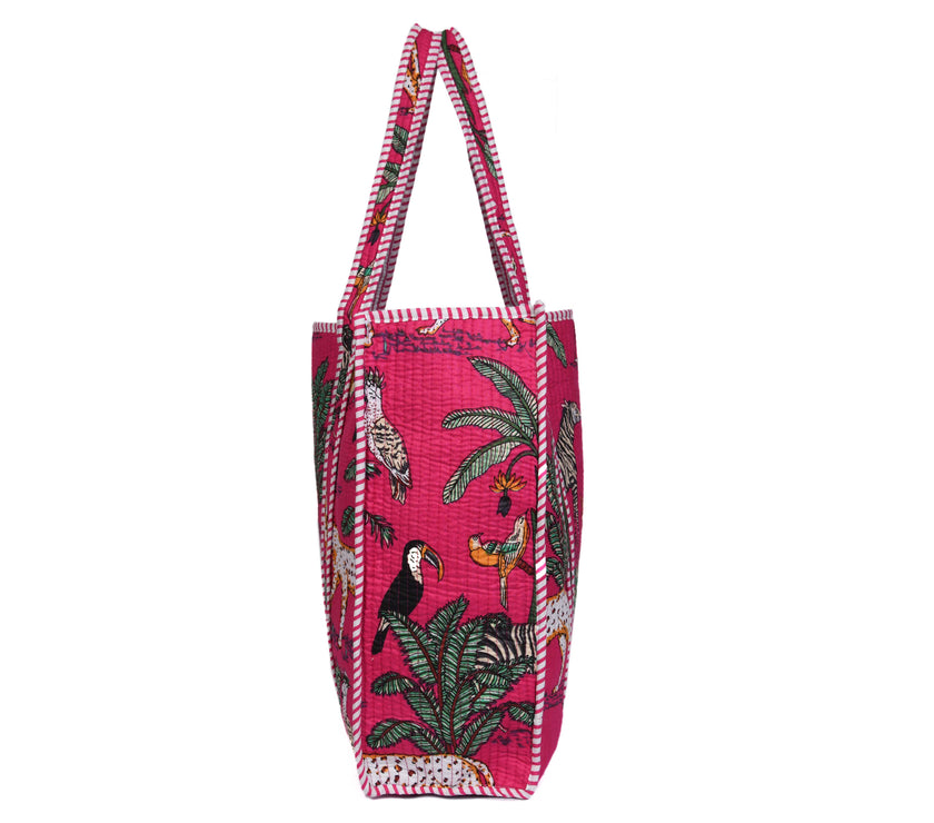 Quilted Safari  Cotton Cloth Tote Bag - Bright Pink