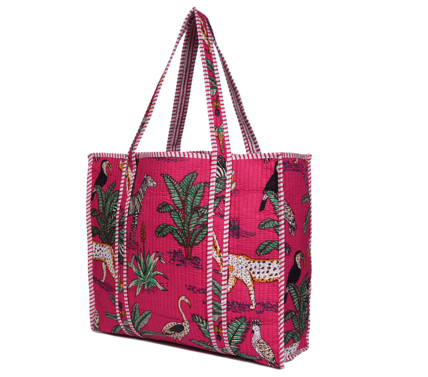 Quilted Safari  Cotton Cloth Tote Bag - Bright Pink