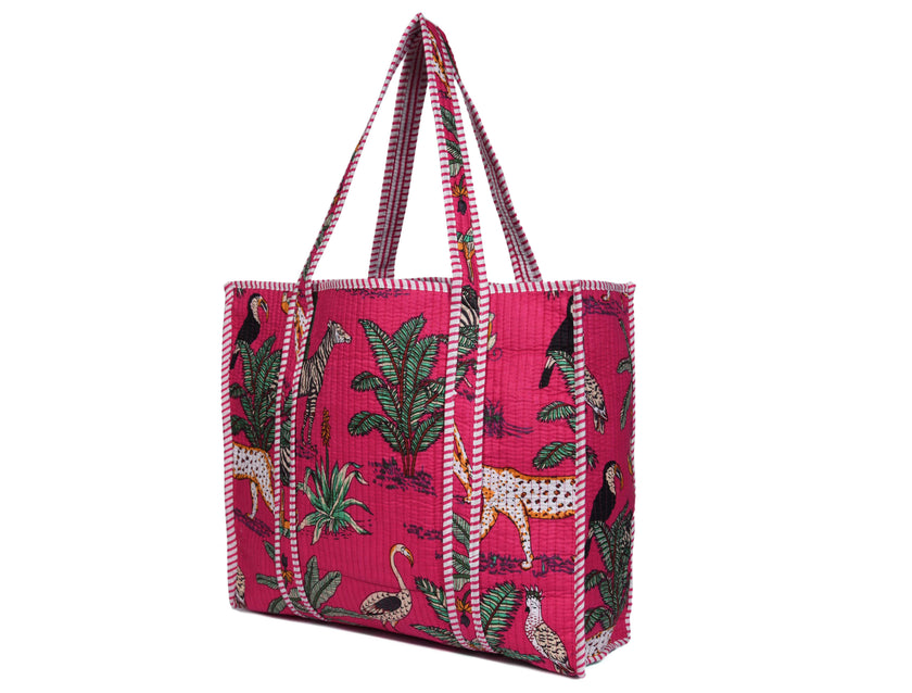 Quilted Safari  Cotton Cloth Tote Bag - Bright Pink