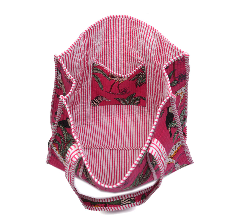 Quilted Safari  Cotton Cloth Tote Bag - Bright Pink