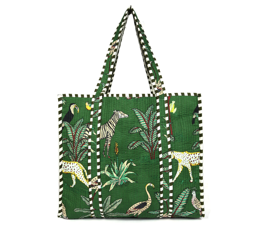 Quilted Safari  Cotton Cloth Tote Bag - Green