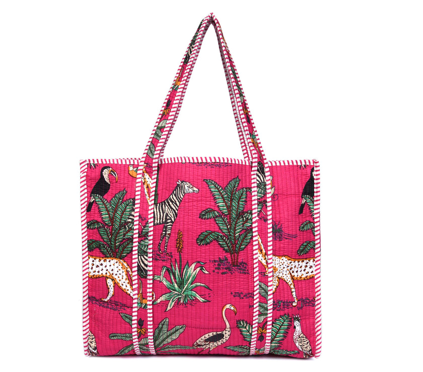 Quilted Safari  Cotton Cloth Tote Bag - Bright Pink