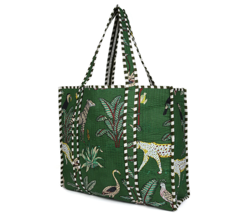 Quilted Safari  Cotton Cloth Tote Bag - Green