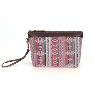 Carolina Jacquard & Leather Wristlet Clutch / Cosmetic Bag - Brown