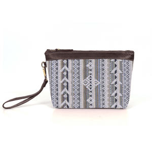 Carolina Jacquard & Leather Wristlet Clutch / Cosmetic Bag - Brown