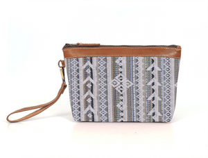 Carolina Jacquard & Leather Wristlet Clutch / Cosmetic Bag - Tan