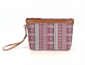 Carolina Jacquard & Leather Wristlet Clutch / Cosmetic Bag - Tan