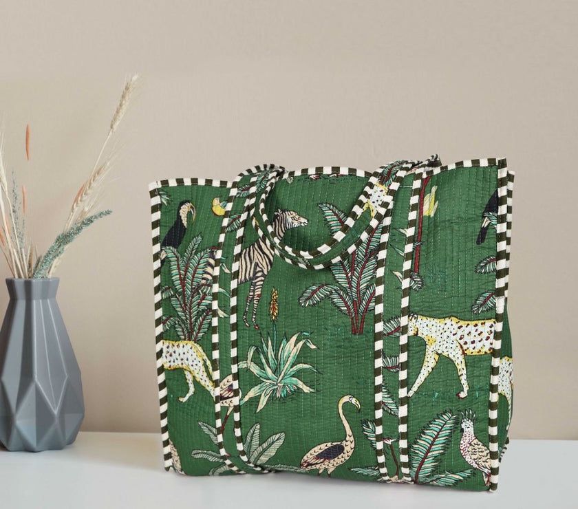 Quilted Safari  Cotton Cloth Tote Bag - Green