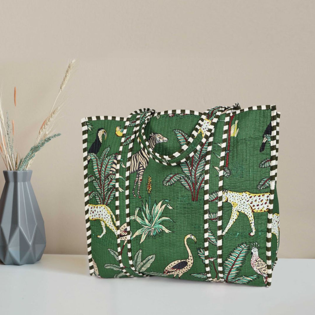 Quilted Safari  Cotton Cloth Tote Bag - Green