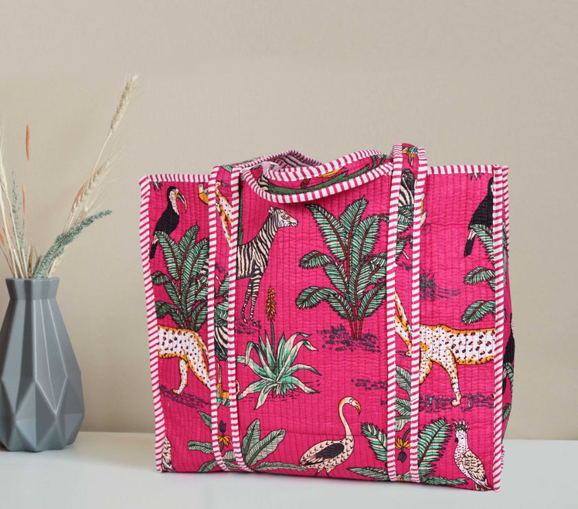 Quilted Safari  Cotton Cloth Tote Bag - Bright Pink