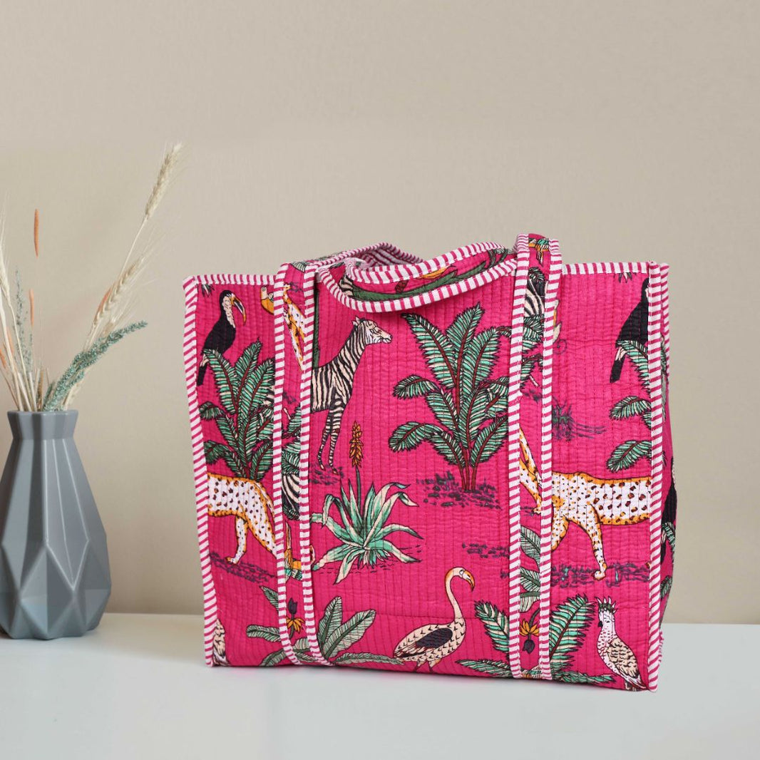 Quilted Safari  Cotton Cloth Tote Bag - Bright Pink