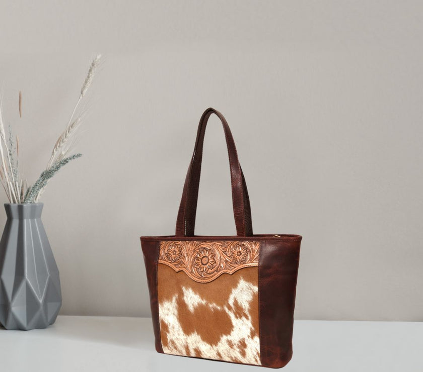 Florida Tooled & Hair On Hide Leather Tote Bag