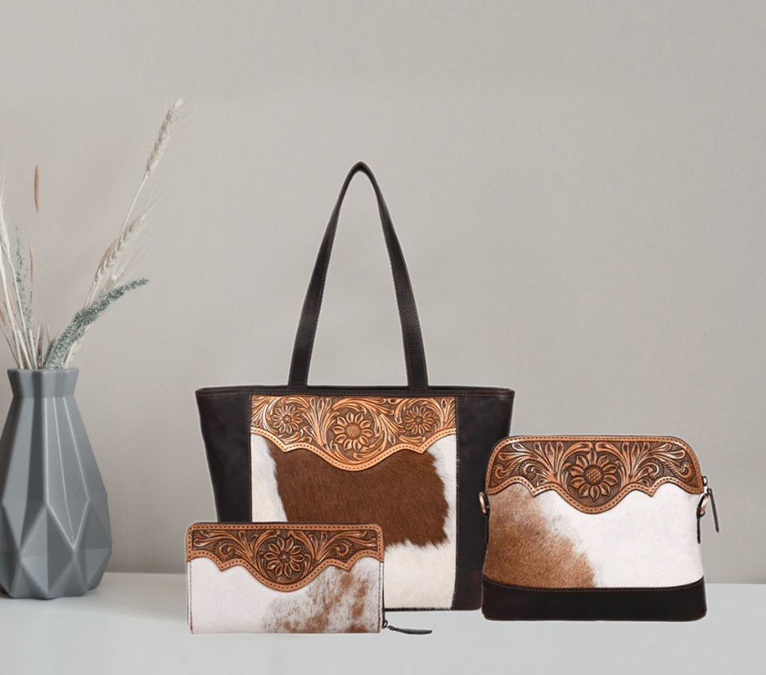 Luxe  Tooled Tote Bag , Crossbody Bag & Clutch 3 Pc Combo