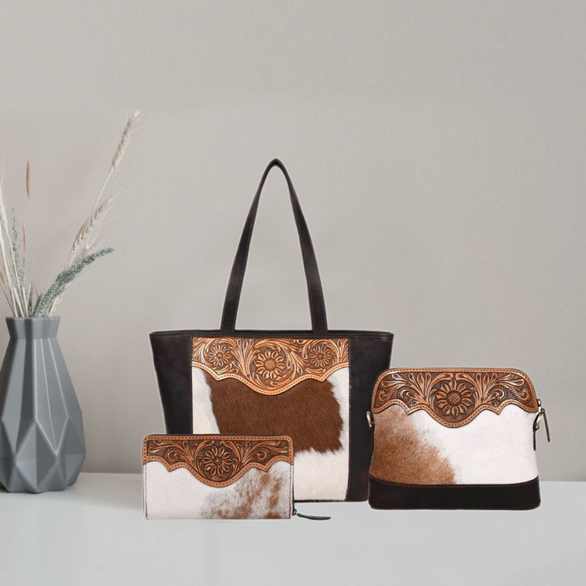 Luxe  Tooled Tote Bag , Crossbody Bag & Clutch 3 Pc Combo