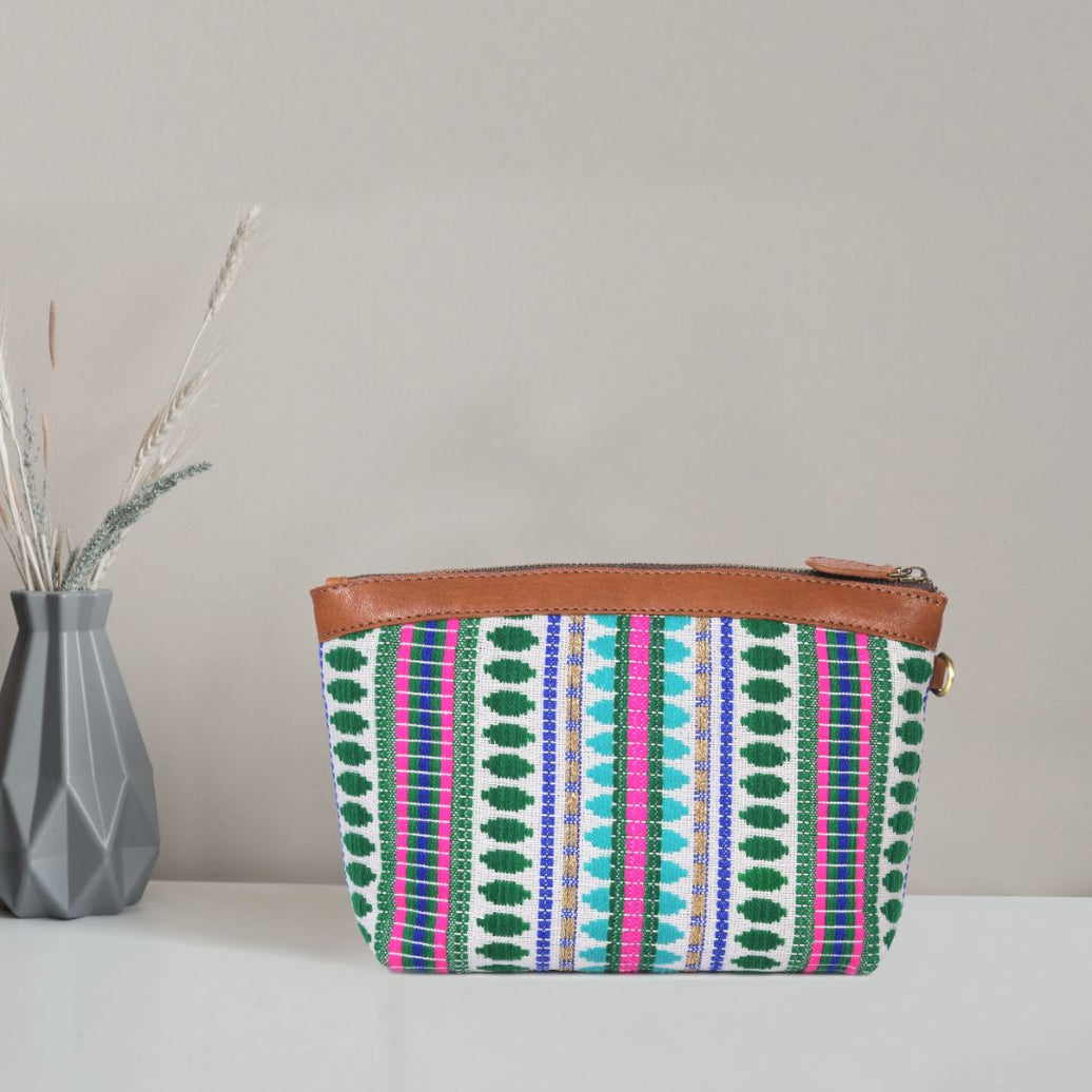 Carolina Jacquard & Leather Wristlet Clutch / Cosmetic Bag - Tan