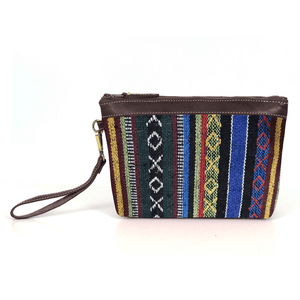 Carolina Jacquard & Leather Wristlet Clutch / Cosmetic Bag - Brown