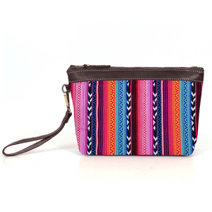 Carolina Jacquard & Leather Wristlet Clutch / Cosmetic Bag - Brown