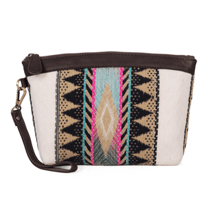 Carolina Jacquard & Leather Wristlet Clutch / Cosmetic Bag - Brown