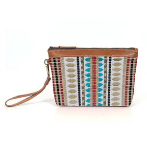 Carolina Jacquard & Leather Wristlet Clutch / Cosmetic Bag - Tan