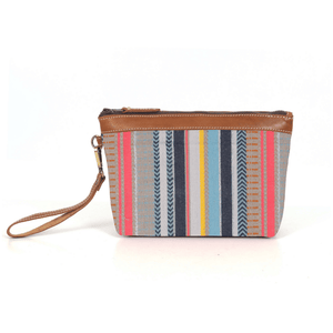 Carolina Jacquard & Leather Wristlet Clutch / Cosmetic Bag - Tan