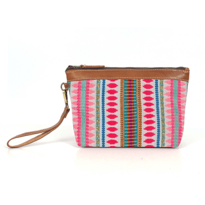 Carolina Jacquard & Leather Wristlet Clutch / Cosmetic Bag - Tan