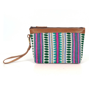 Carolina Jacquard & Leather Wristlet Clutch / Cosmetic Bag - Tan