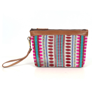 Carolina Jacquard & Leather Wristlet Clutch / Cosmetic Bag - Tan