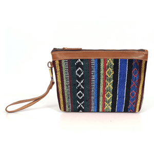 Carolina Jacquard & Leather Wristlet Clutch / Cosmetic Bag - Tan