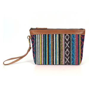 Carolina Jacquard & Leather Wristlet Clutch / Cosmetic Bag - Tan