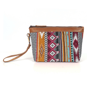 Carolina Jacquard & Leather Wristlet Clutch / Cosmetic Bag - Tan