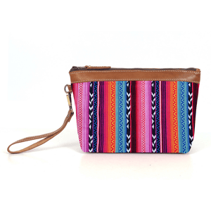 Carolina Jacquard & Leather Wristlet Clutch / Cosmetic Bag - Tan