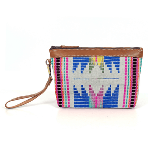 Carolina Jacquard & Leather Wristlet Clutch / Cosmetic Bag - Tan