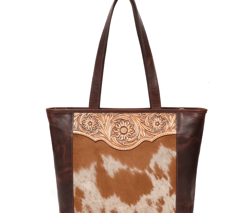 Florida Tooled & Hair On Hide Leather Tote Bag